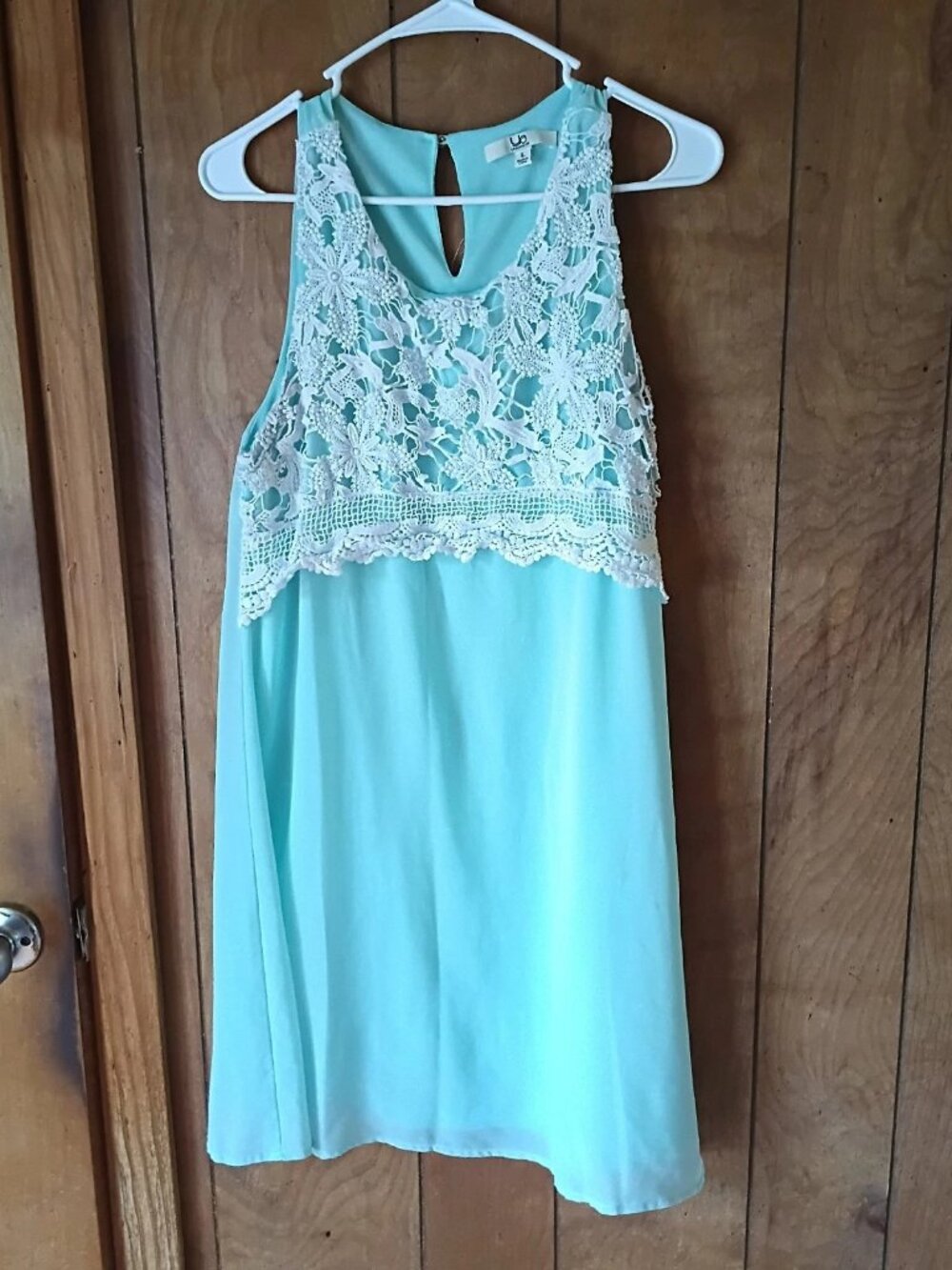 YA Mint Green Lace Overlay Dress Size L Silk Polyester Sleeveless Pullover